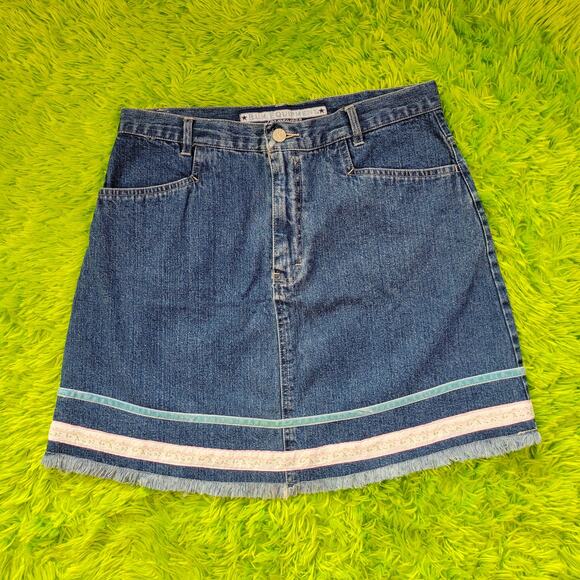 Y2k BUM Equipment Jeanswear Denim Mini Skirt with Fray Trim, 13/14 - Picture 1 of 5